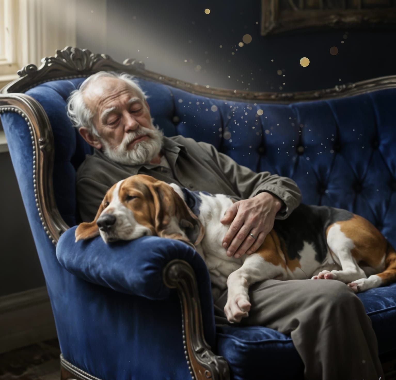 Old Man and Basset Hound Napping on Antique Chaise