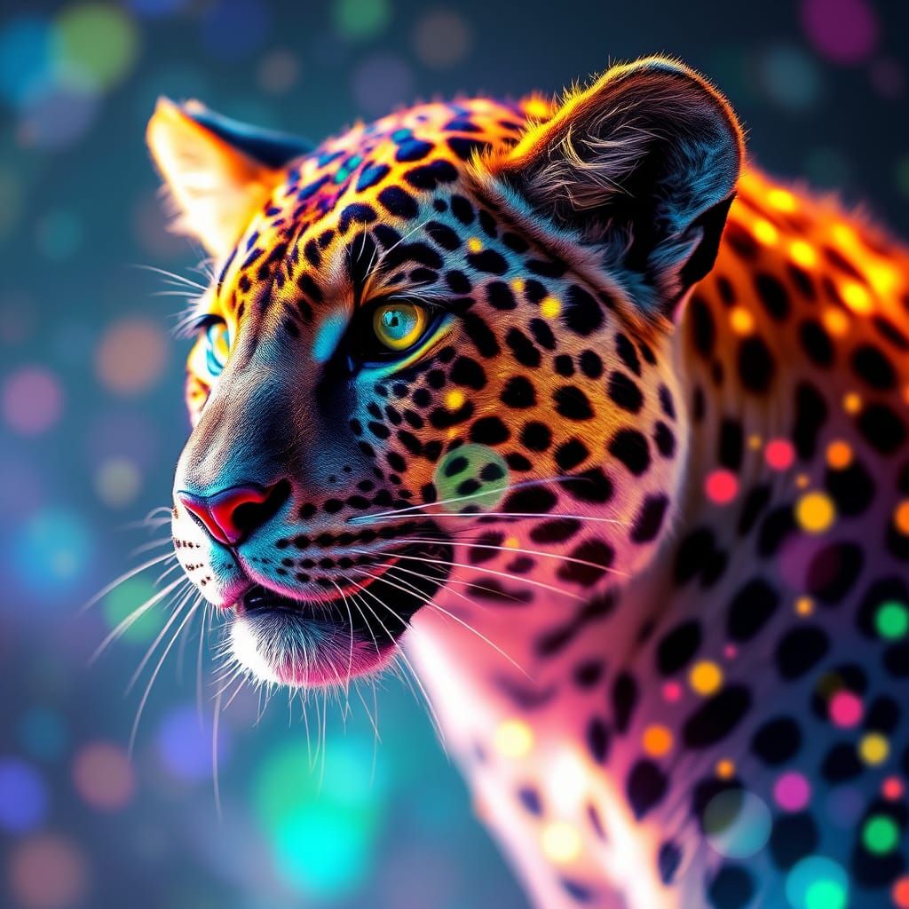 A magical leopard with multicolored spots on its fur. The fu...