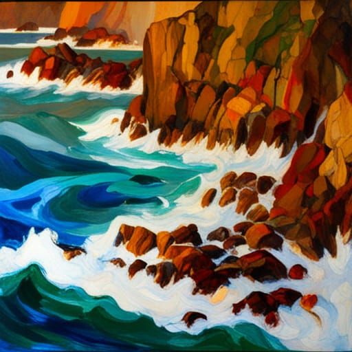 Cinematic Rocky Shoreline in Stained Glass Style