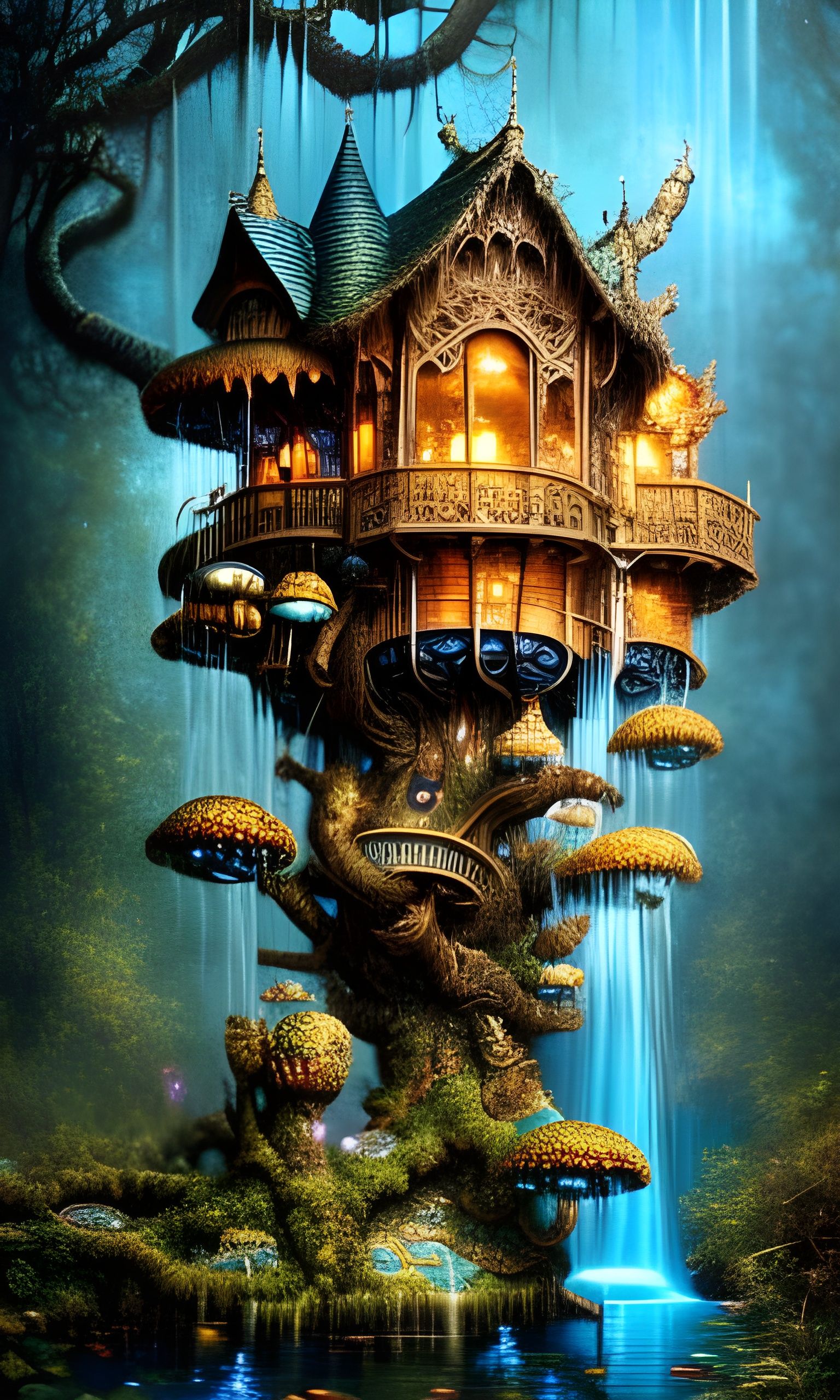 Blue Toadstool Treehouse Wonderland: Digital Art