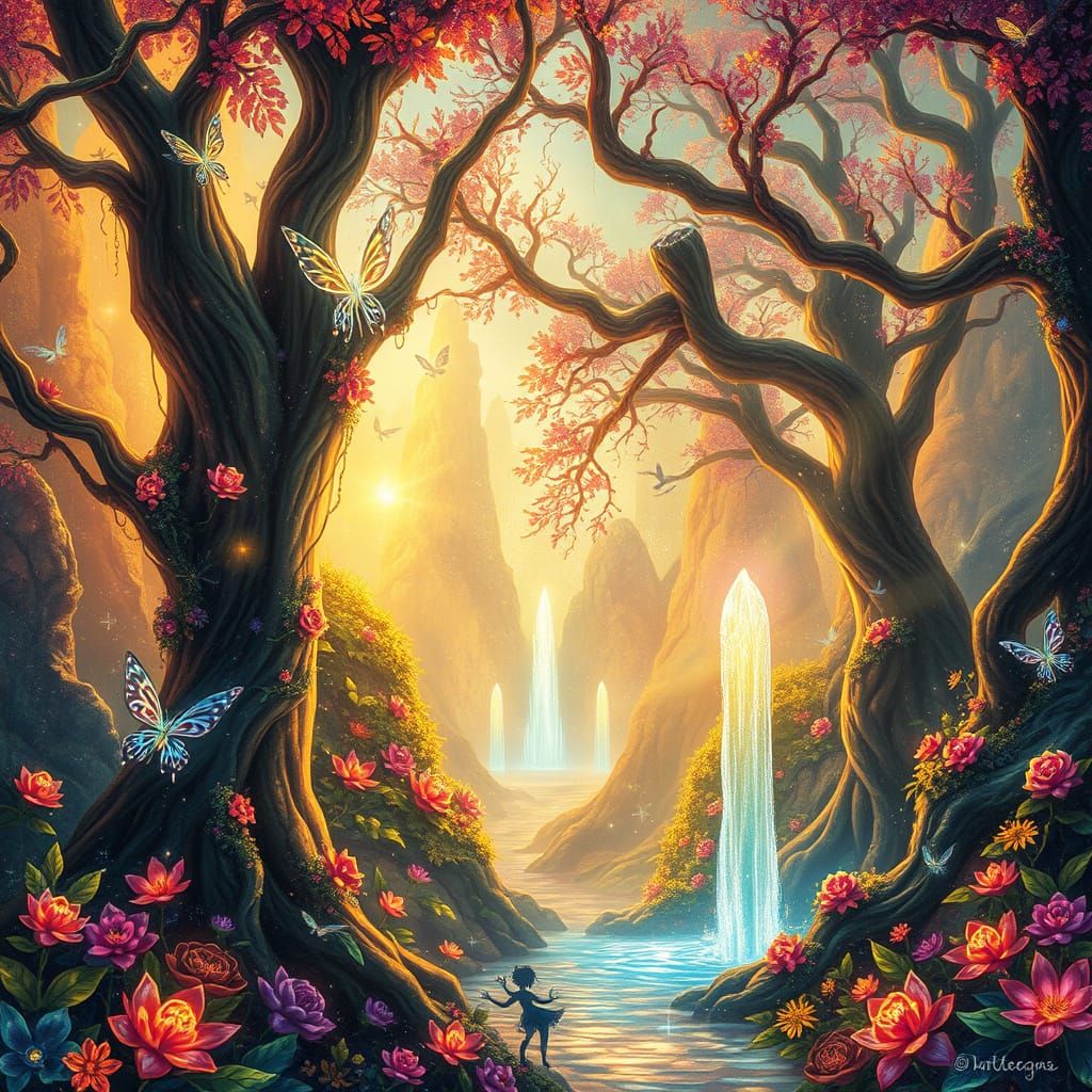 Whimsical Enchanted Forest with Luminous Fairies and Etherea...
