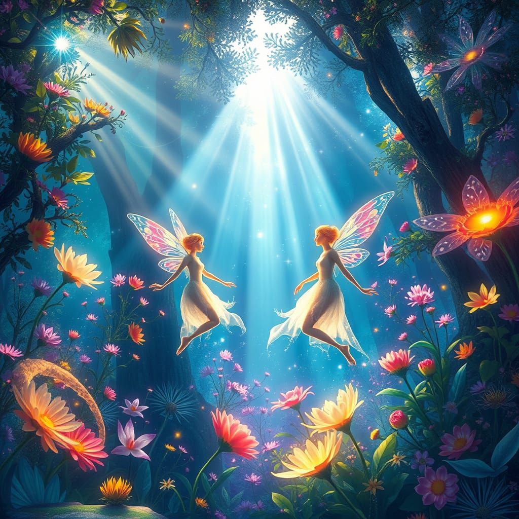 Whimsical Fairies Dancing in Vibrant Enchanted Forest