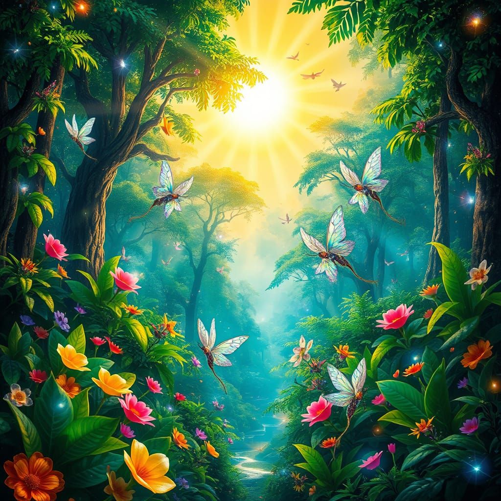 Whimsical Rainforest Dreamscape in Vibrant Colors