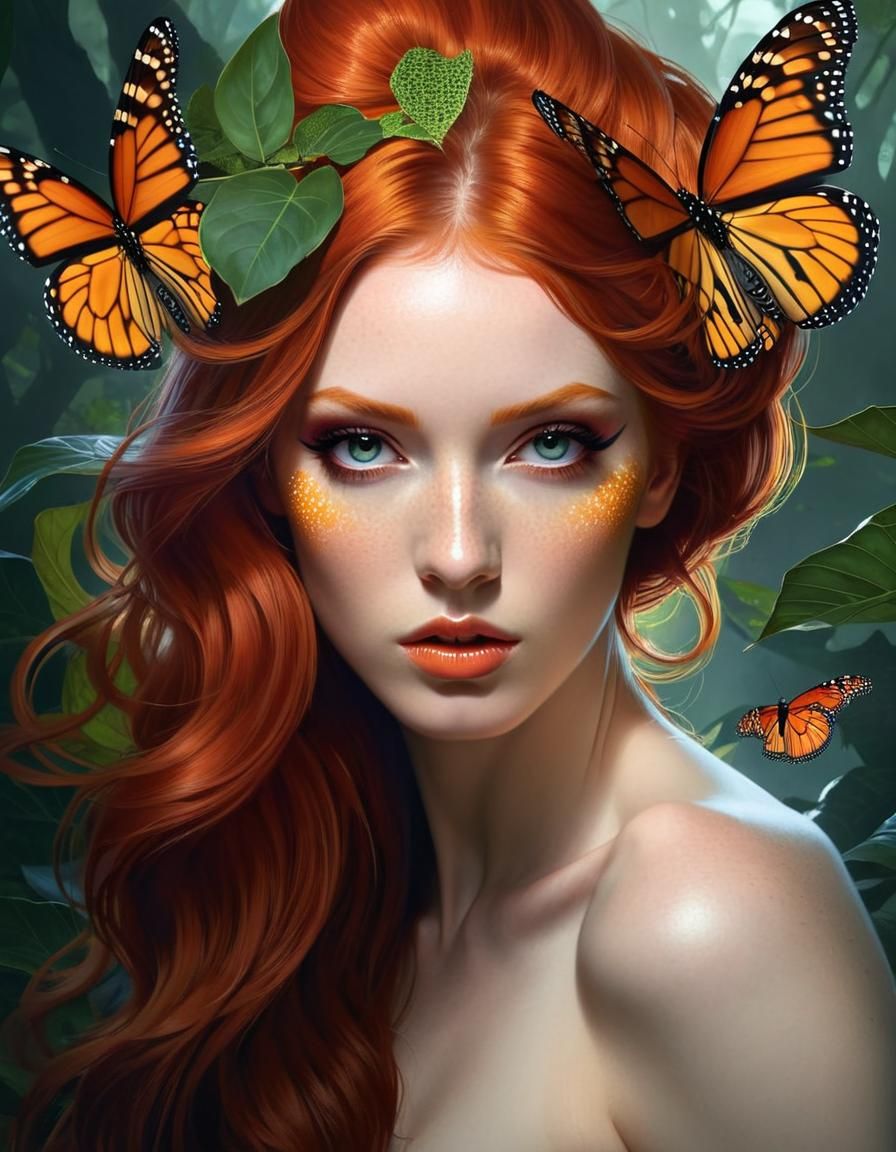 Redhead Butterfly Princess Portrait in Fantasy Art Style