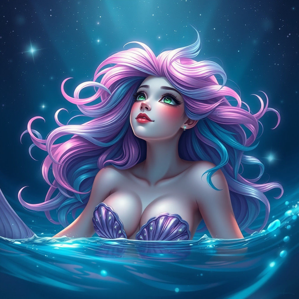 Bioluminescent Mermaid Gazing at Starry Night Sky