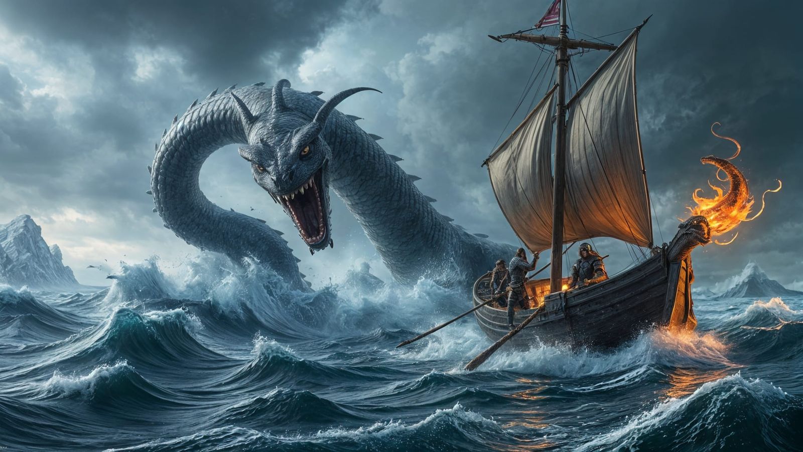 Jormungandr Attacks Viking Drakkar in Storm