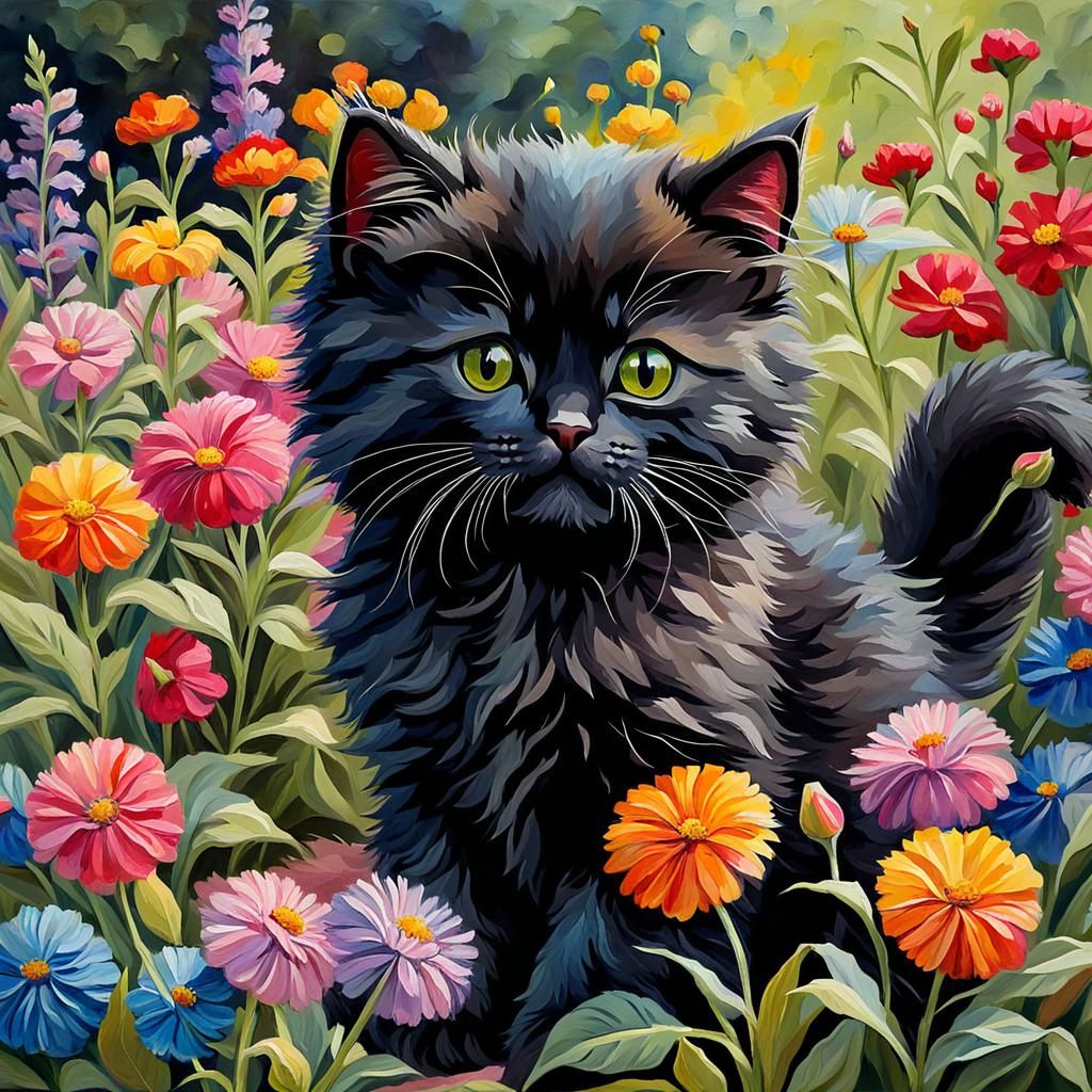 Kitten in Garden of Impasto Flowers