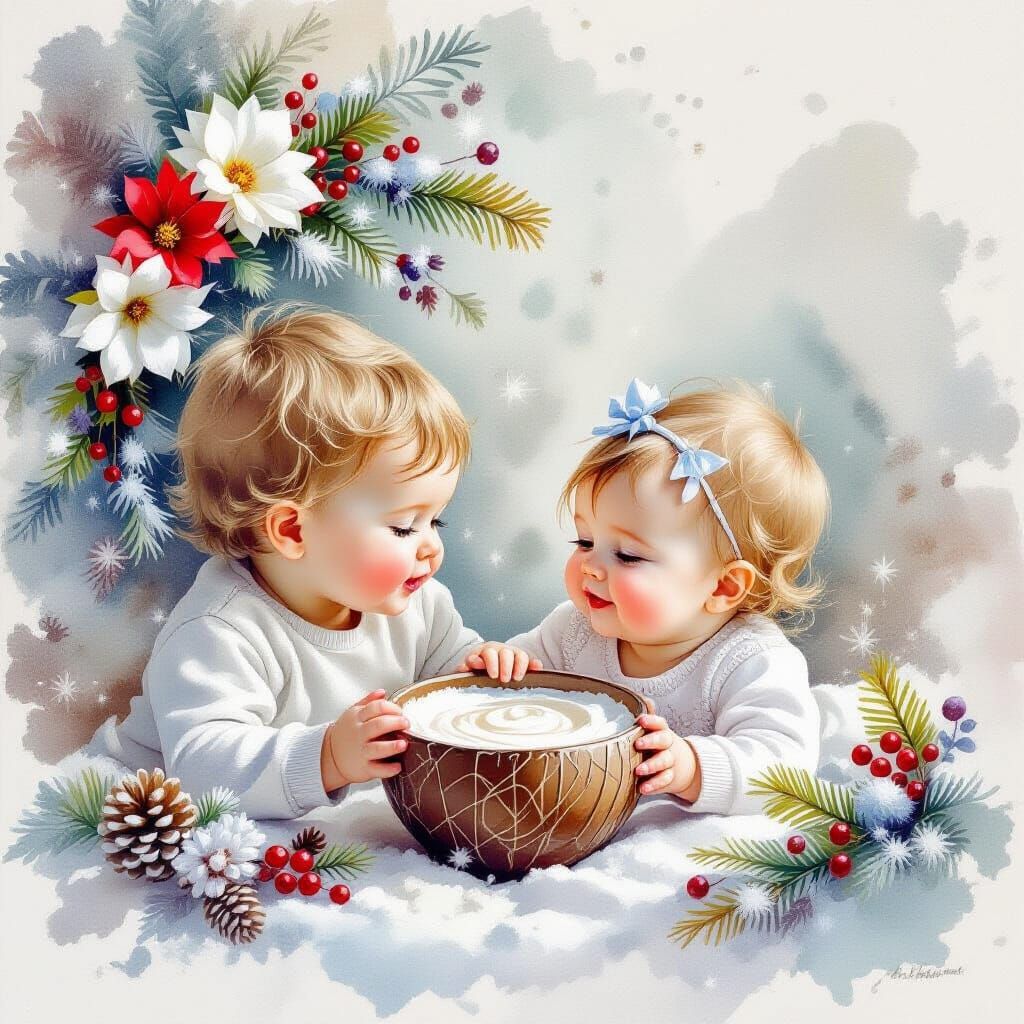 Ethereal Christmas Cocoa Scene with Siblings