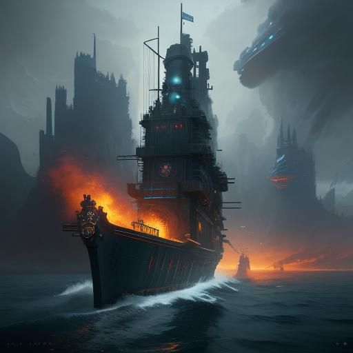 Detailed Submarine in Deep Ocean Concept Art
