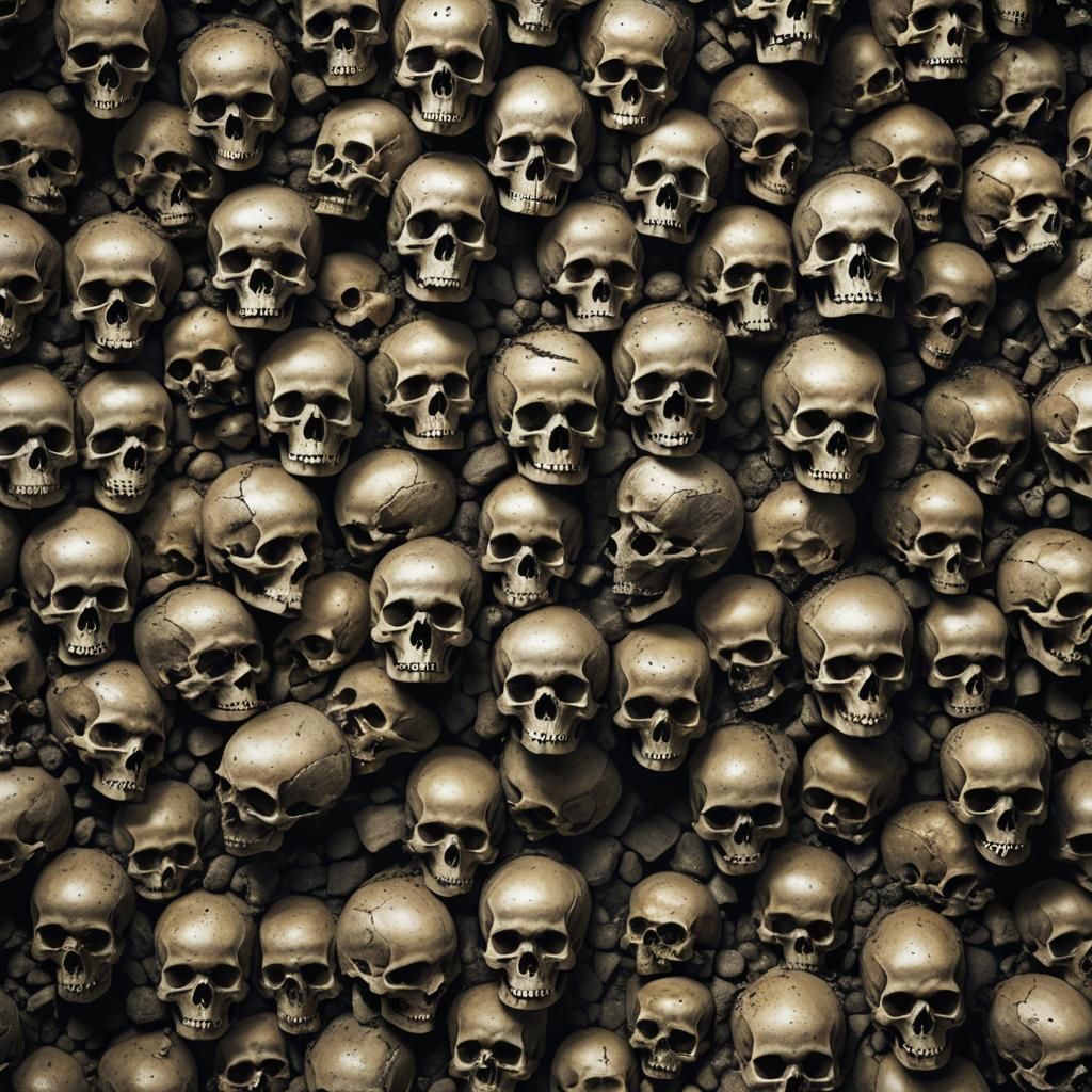 Grim Wall of Skulls in Dark Surrealism