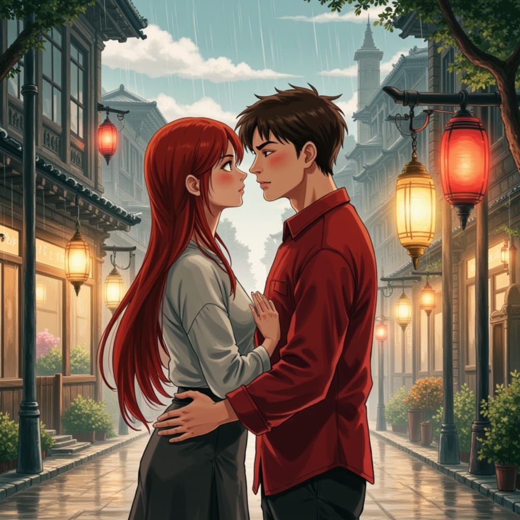Anime Couple Kissing in Rainy City Street