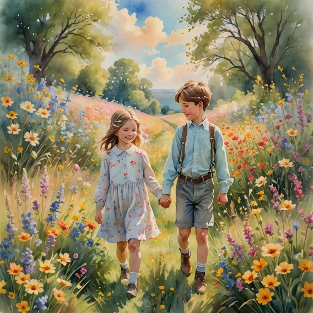 Twins in Pastel Watercolor Flower Field