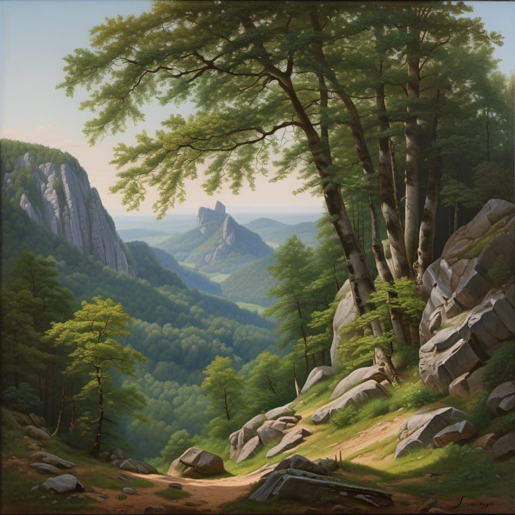 Elbe Sandstone Mountains Landscape in Oil Painting