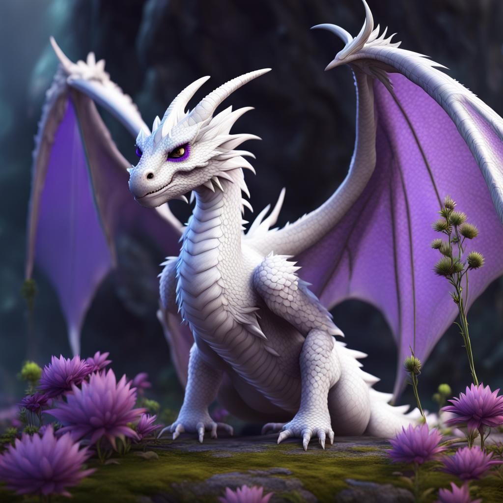 Cute White Dragon with Feathered Wings