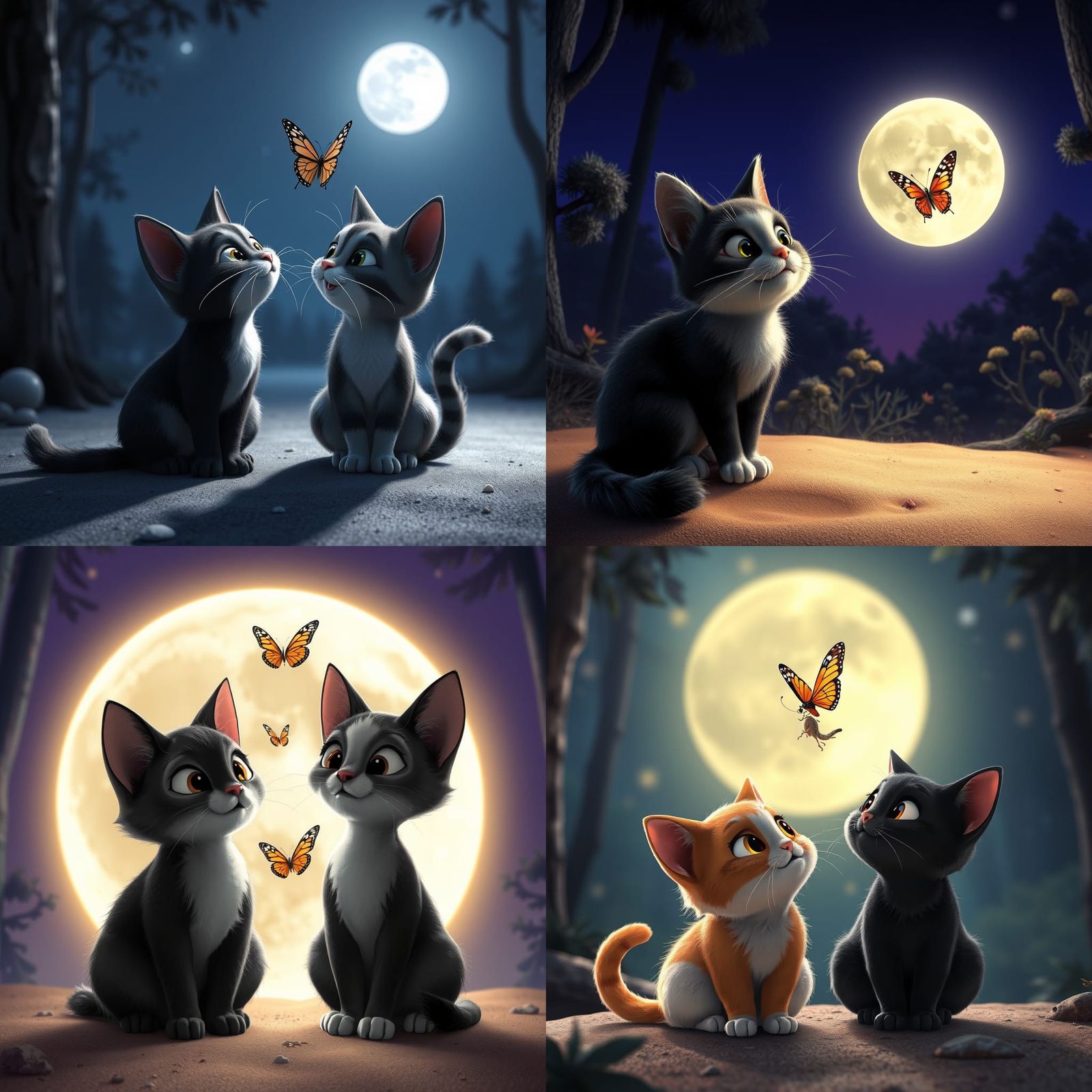 Cats Watch Moonlit Butterfly: Disney Pixar CGI Cartoon