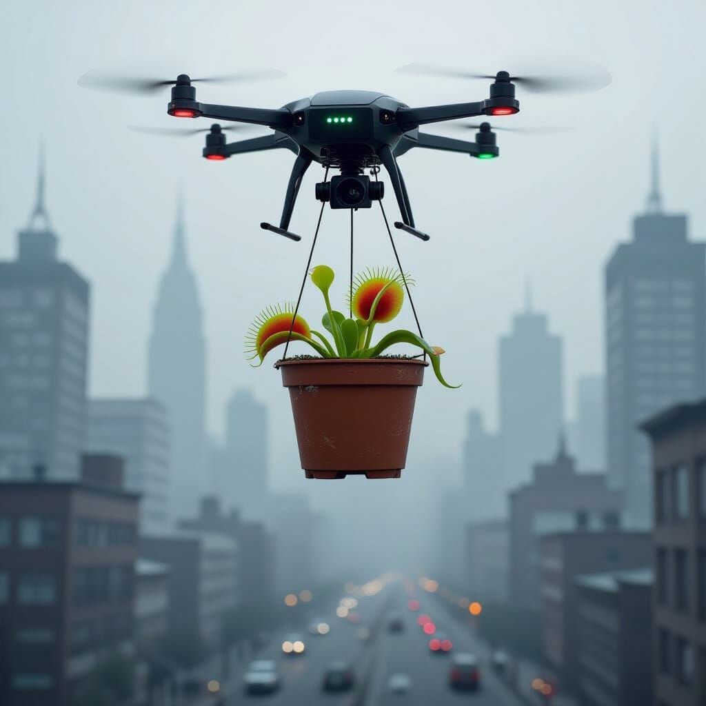 Drone Carries Venus Flytrap in Misty Cityscape