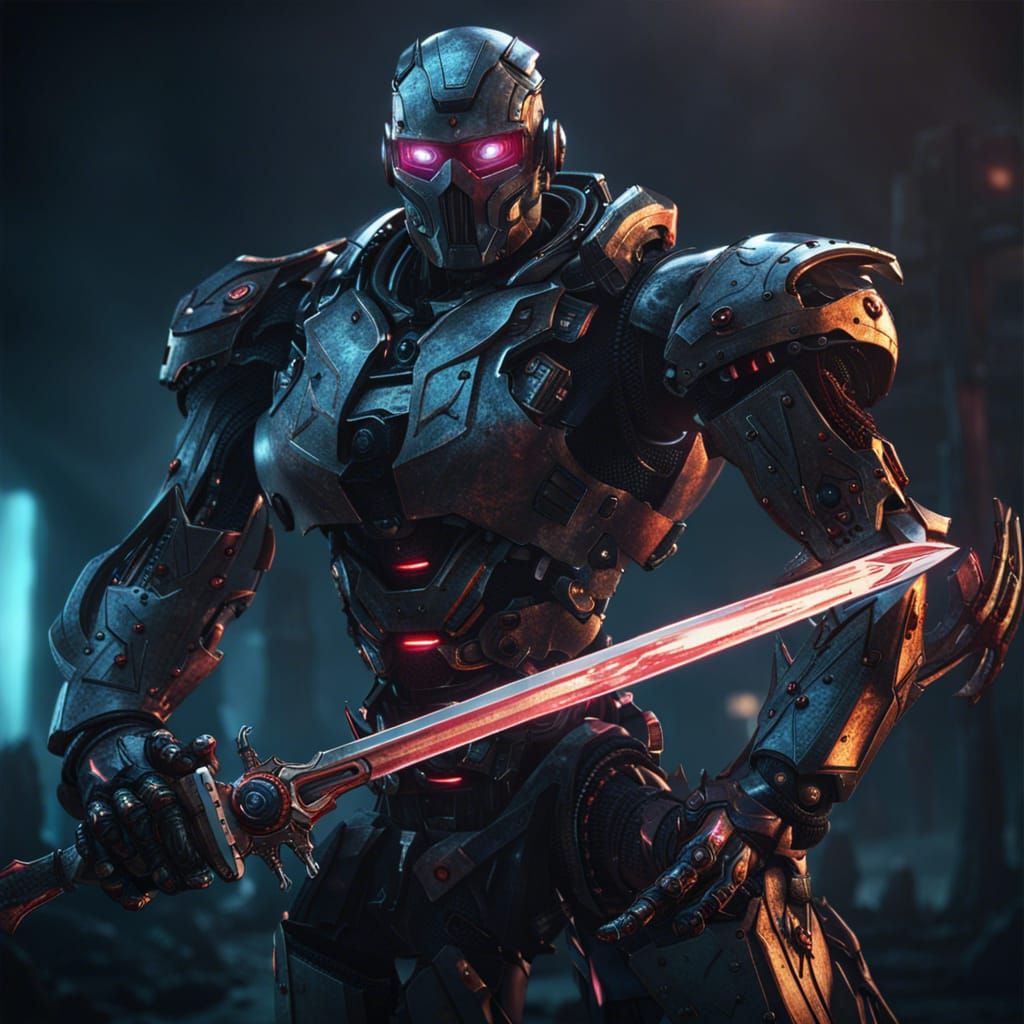 Evil Robot with Sword: Dark Fantasy Concept Art