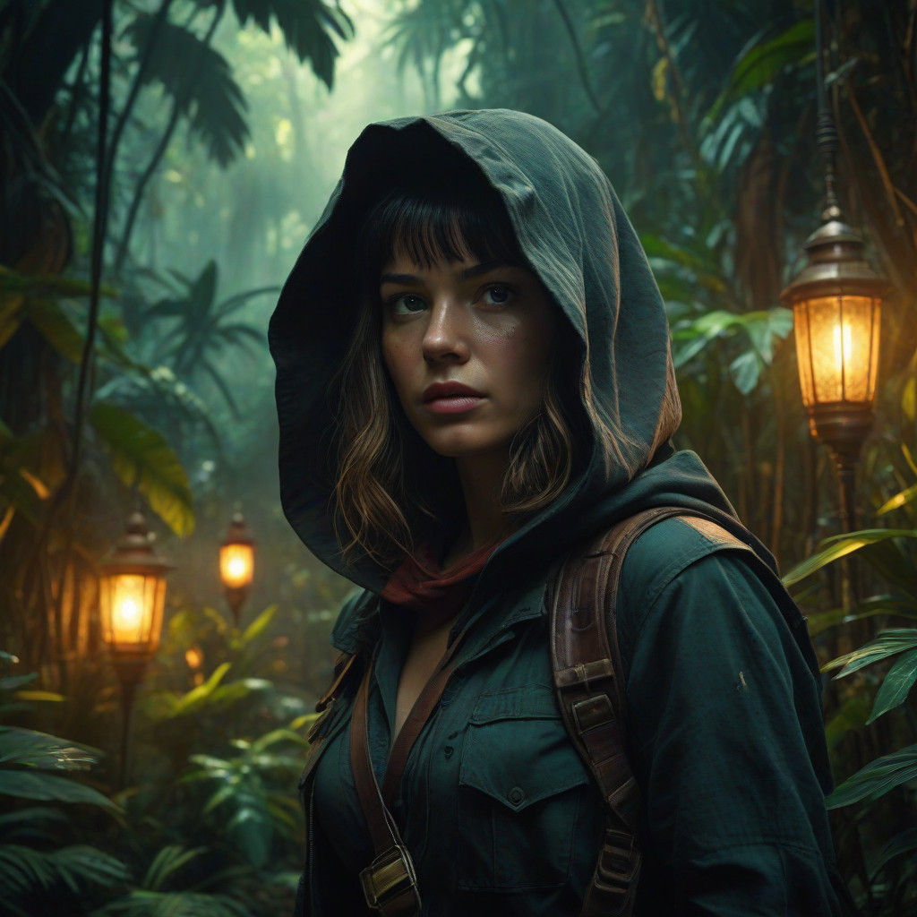 Woman Adventurer in Luminous Jungle Ambiance
