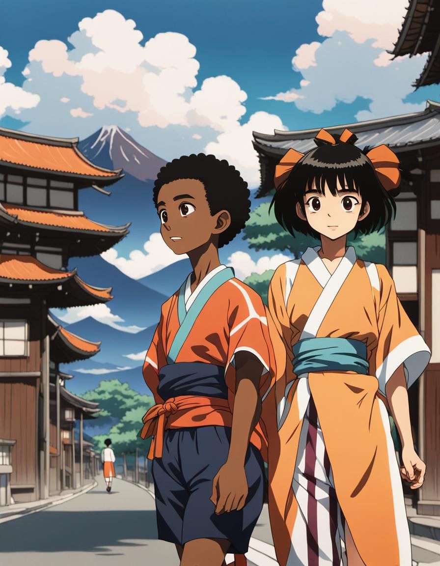 Anime-Style Black Boy and Japanese Girl in Japan