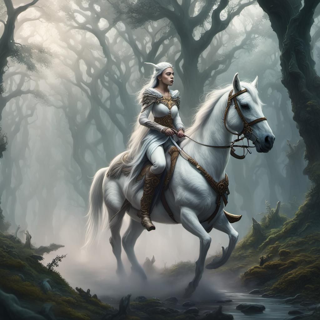 Elf Woman Rides White Horse in Foggy Forest