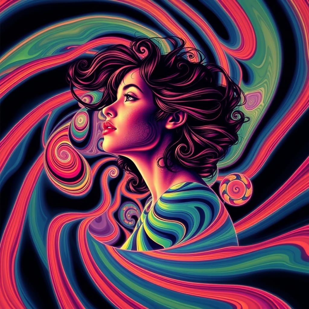 Woman in Hypnotic Spirograph Dreamscape