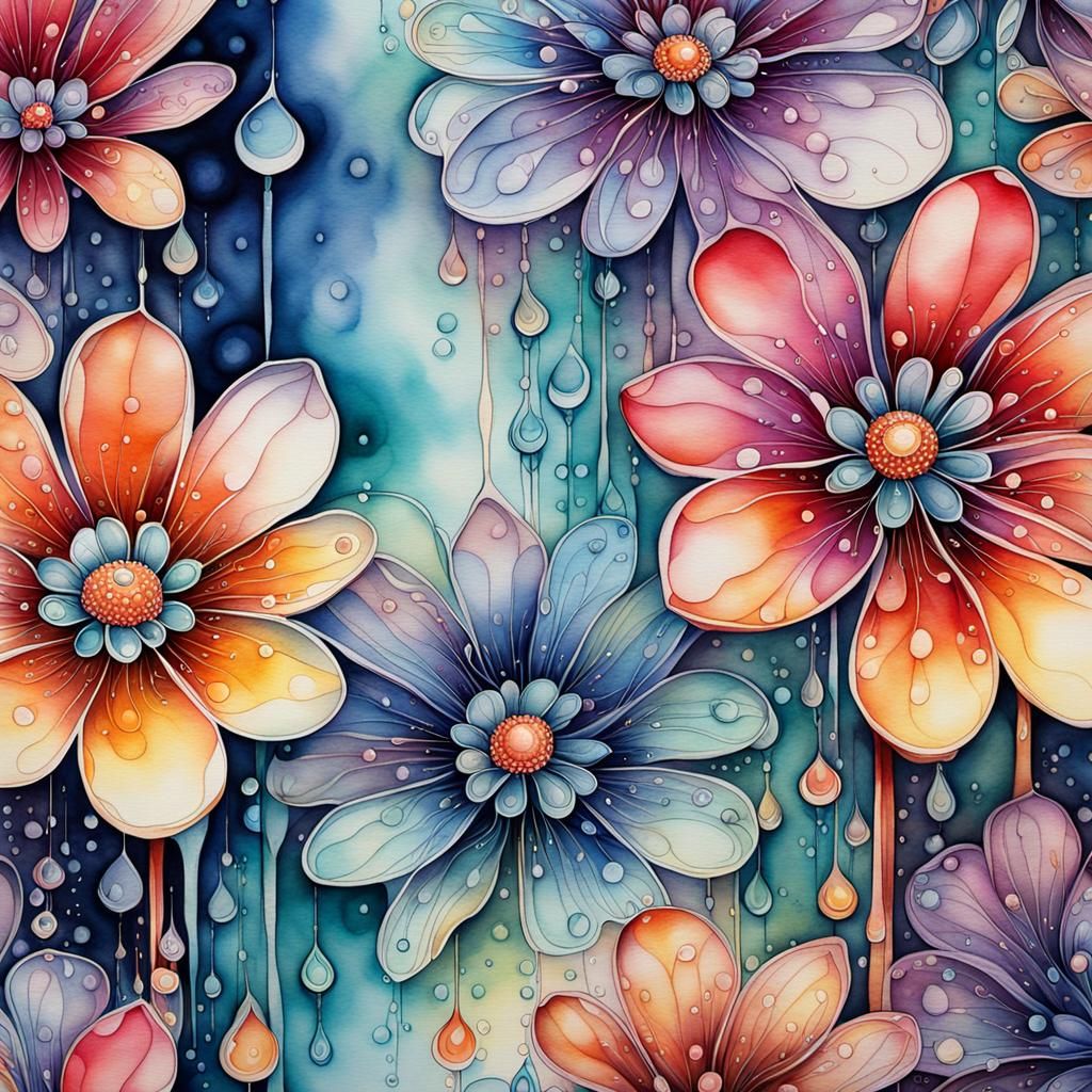 Fantasy Flowers with Dewdrops in Watercolor Style
