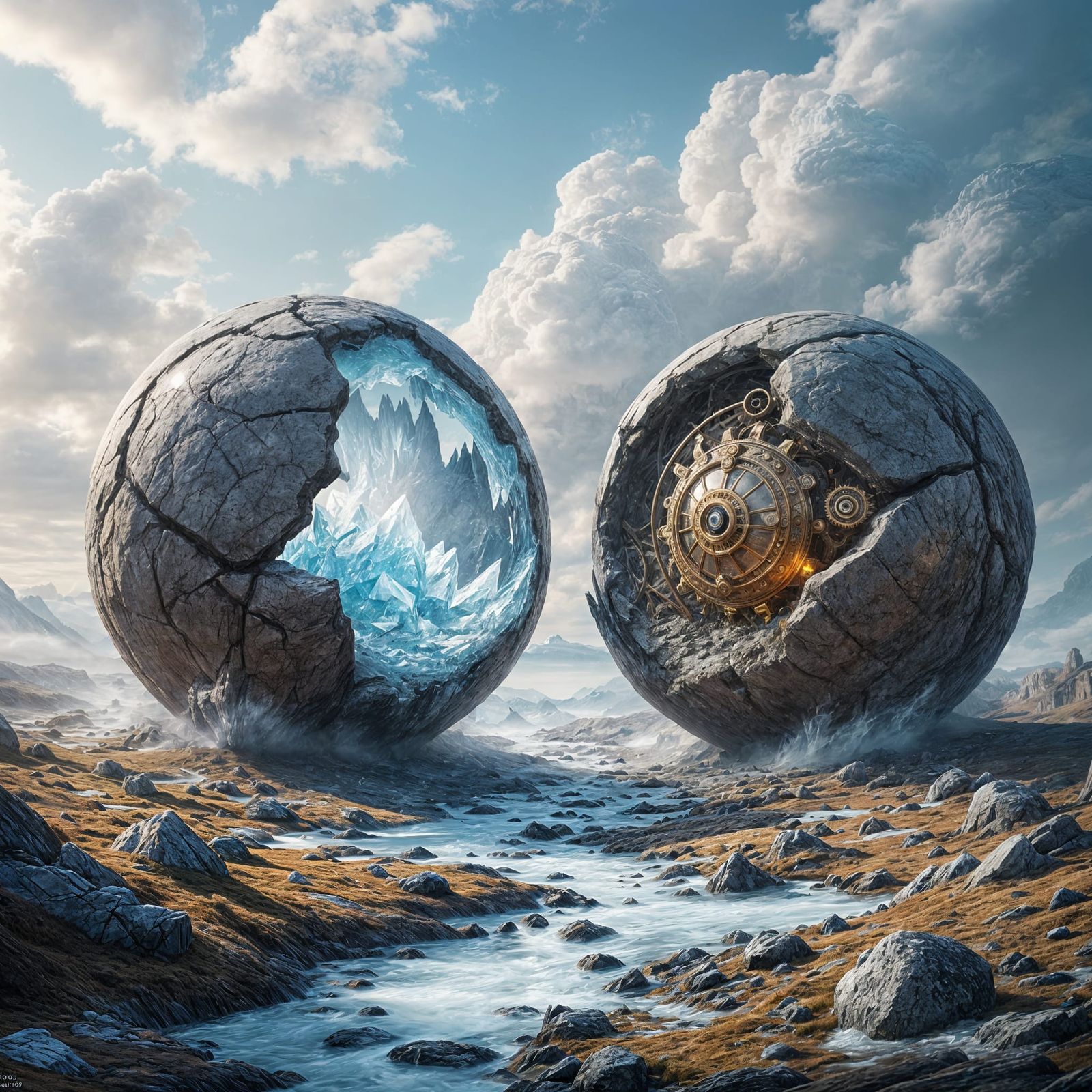 Surreal Fantasy Landscape: Ice vs Steampunk Spheres