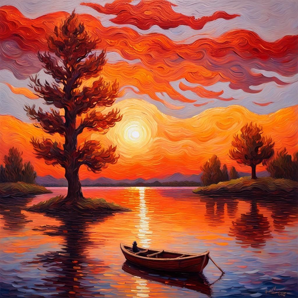 Sunset Boat on Lake in Impasto Style