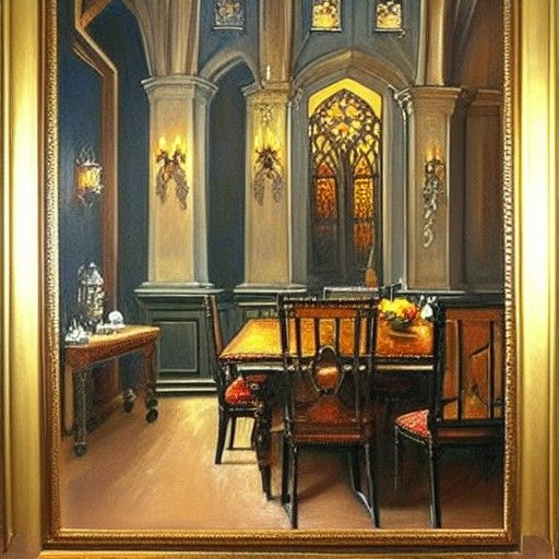 Gothic Dining Room in Oil Painting Style