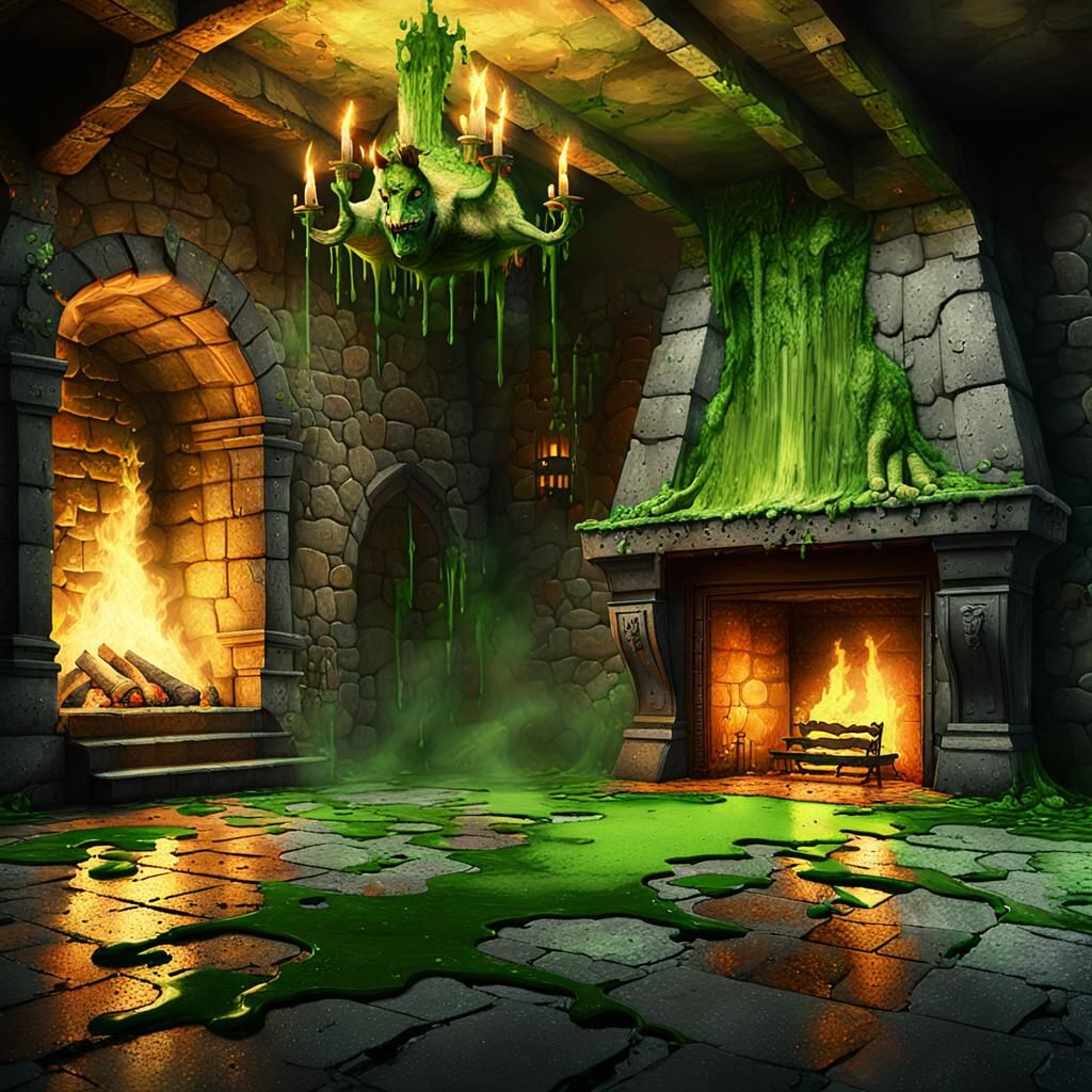 Eerie Castle Room with Dripping Slime, Dark Fantasy Art
