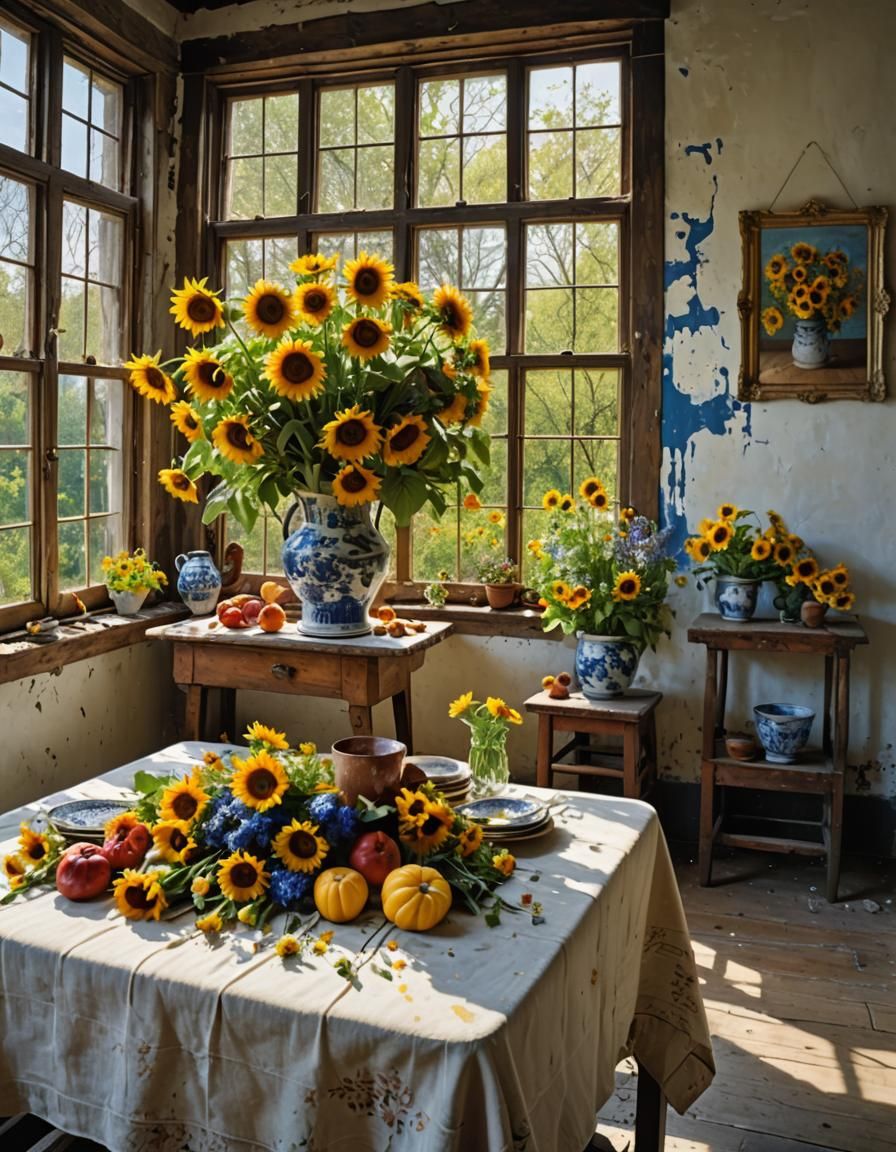 Floral Still Life with Sunflowers, Vermeer and Pollock Style