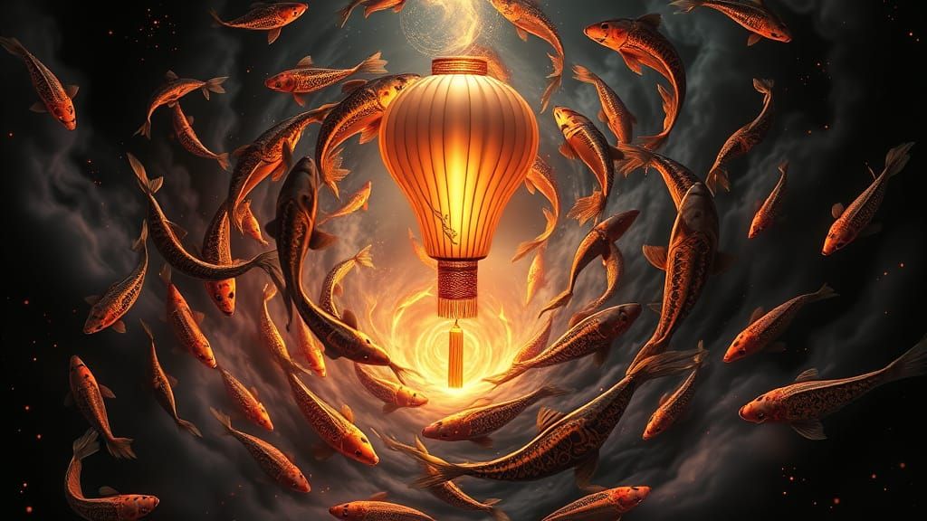 Celestial Lantern with Swirling Koi Fish in Alcohol Ink Styl...