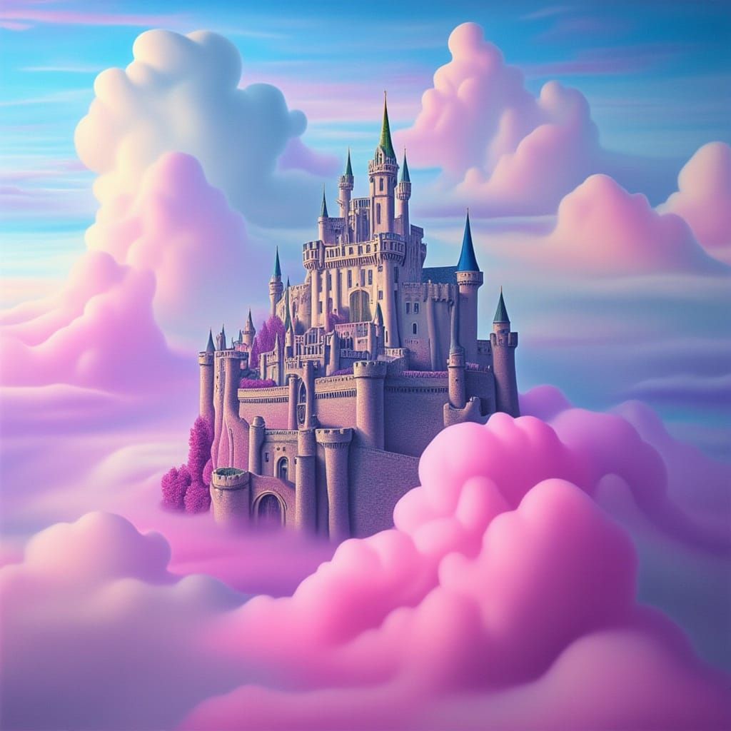Ancient Castle Appears as Mirage in Pink and White Clouds