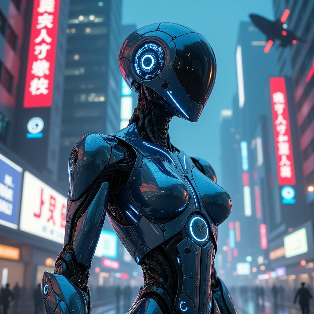 Futuristic Robot in Neon Cityscape