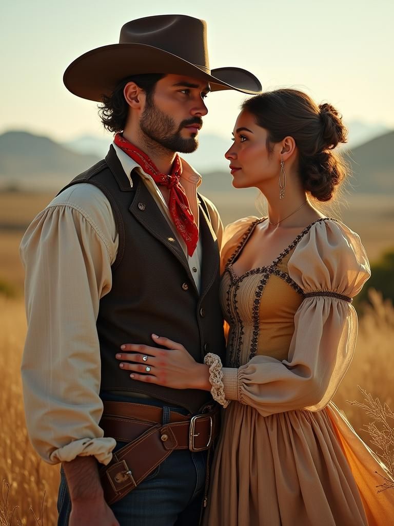 Cowboy and Victorian Woman in Dreamlike Landscape