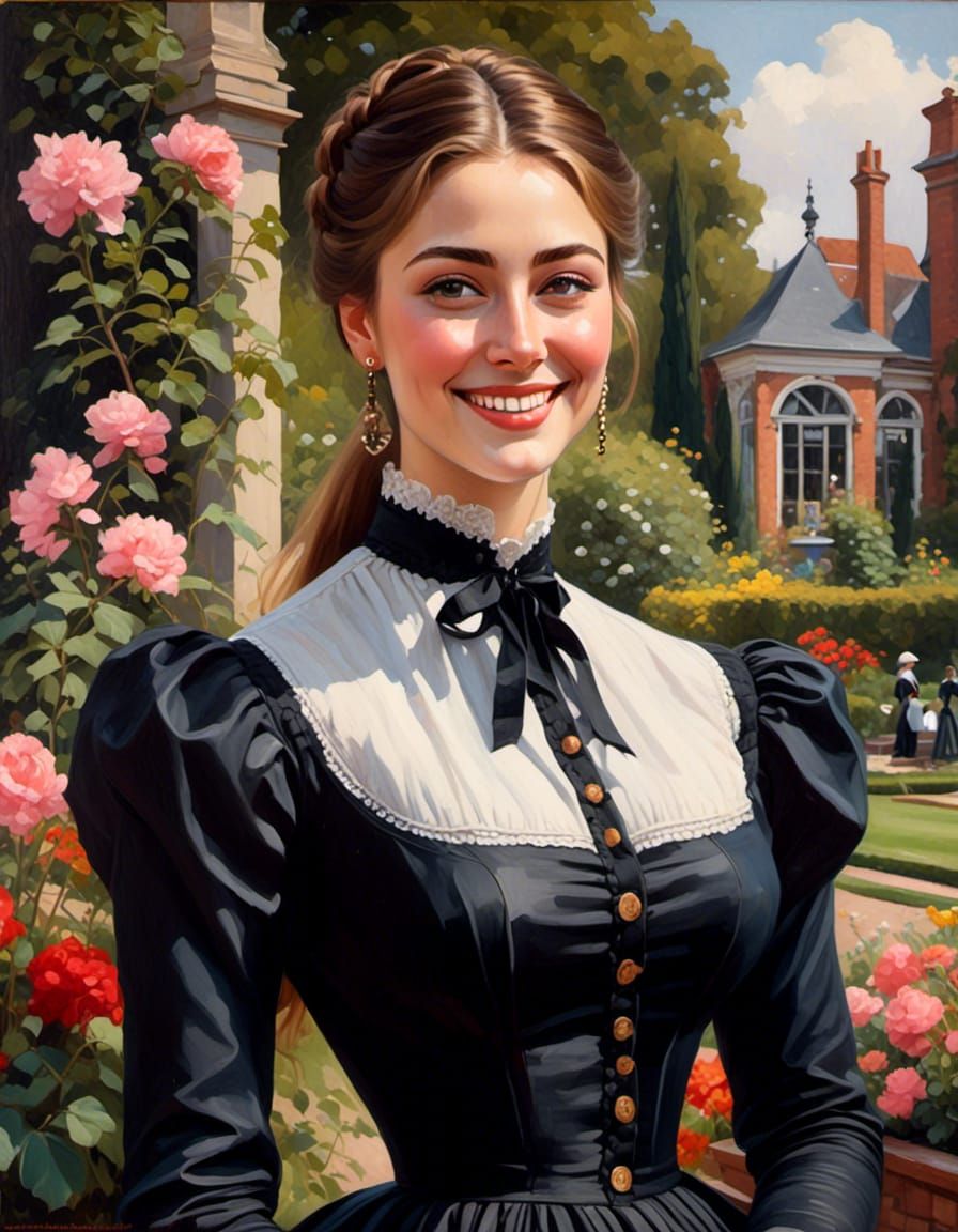Elegant Woman in Garden, Oil-Guache Portrait