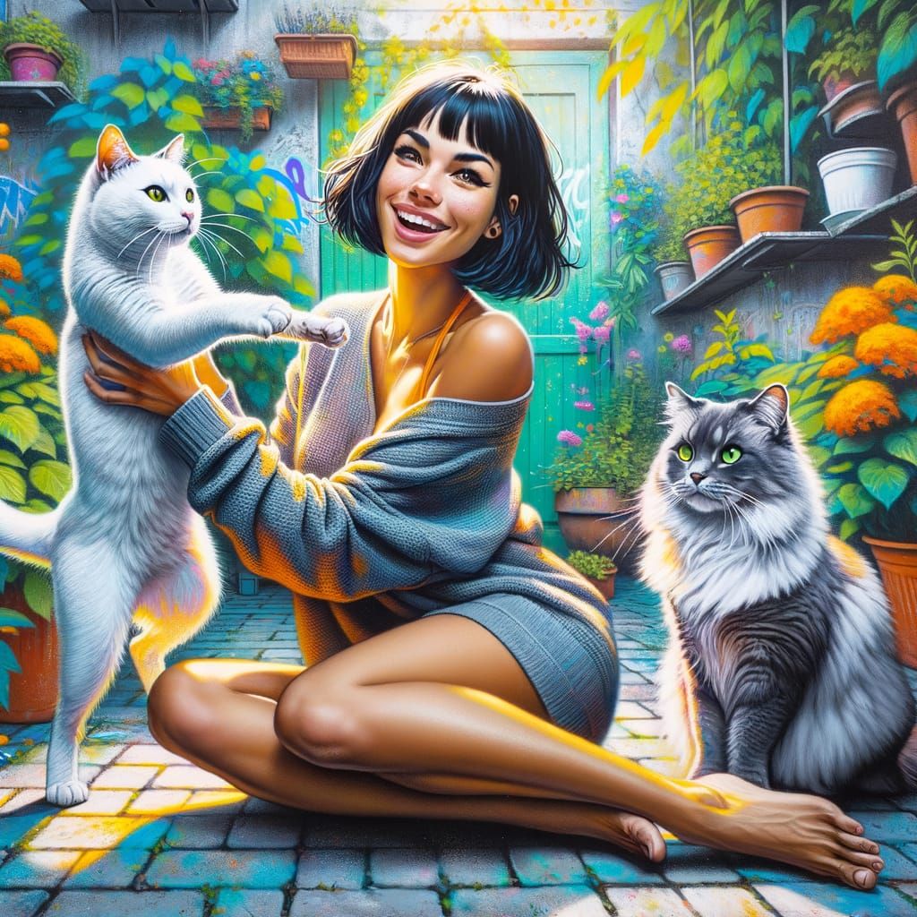 Woman with Cats in a Vibrant Street Art Style
