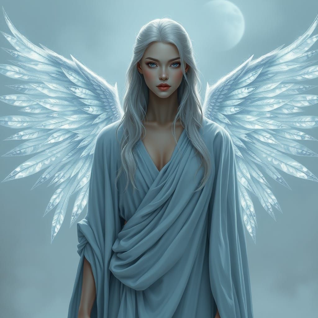 Regal Goddess with Shimmering Silver Wings