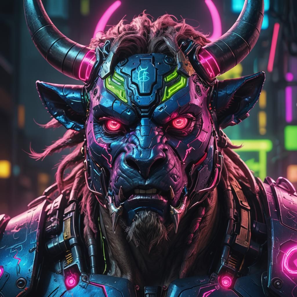 Cyberpunk Minotaur Portrait with Neon Lighting