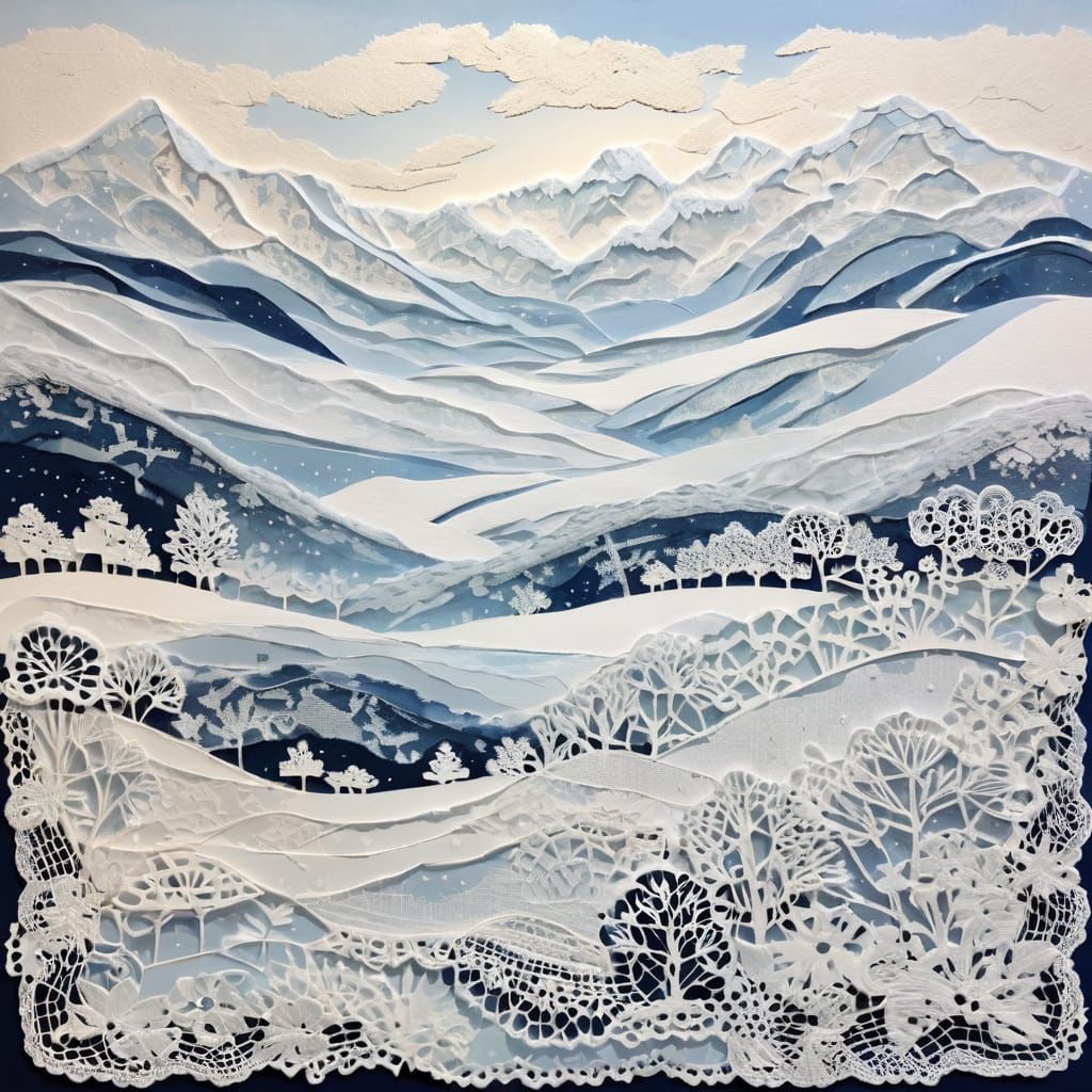 Snowy Landscape in Lace Collage Style