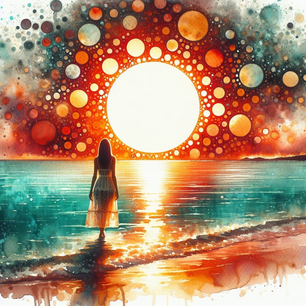 Woman in White Dress at Sunset, Watercolor Bokeh