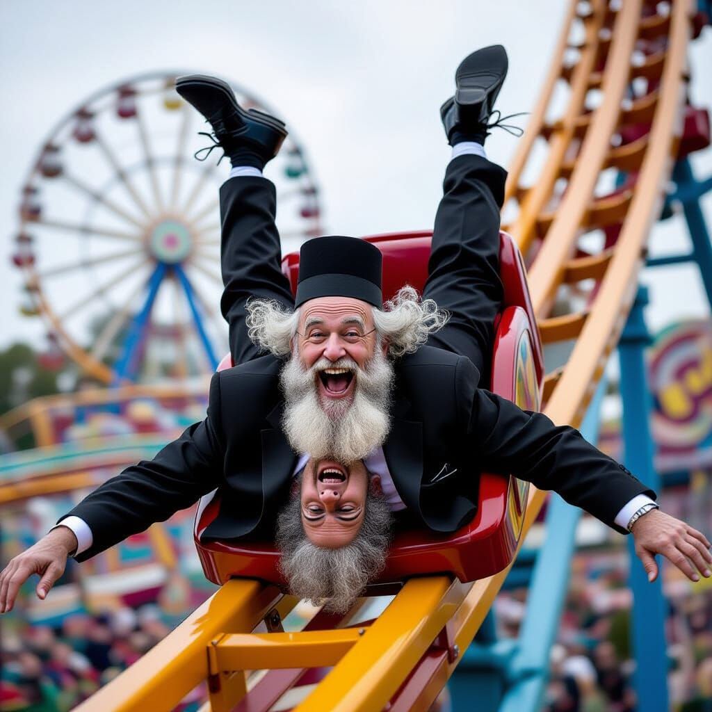 Joyful Hasidic Man on Roller Coaster Ride