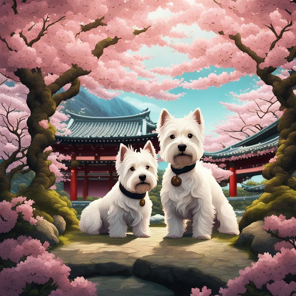 Westies in Shinto Garden with Cherry Blossoms