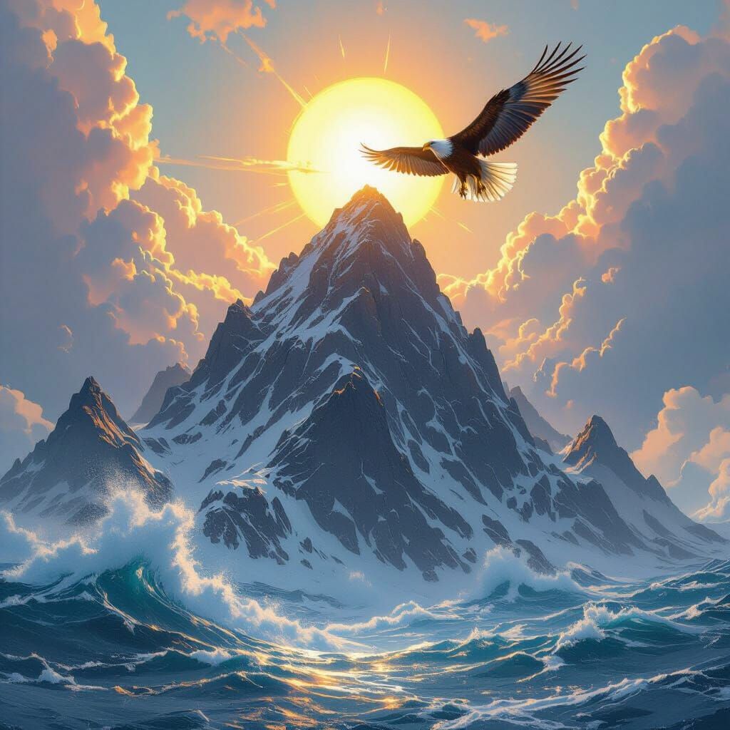 Majestic Mountain Eagle Soaring Above Ocean