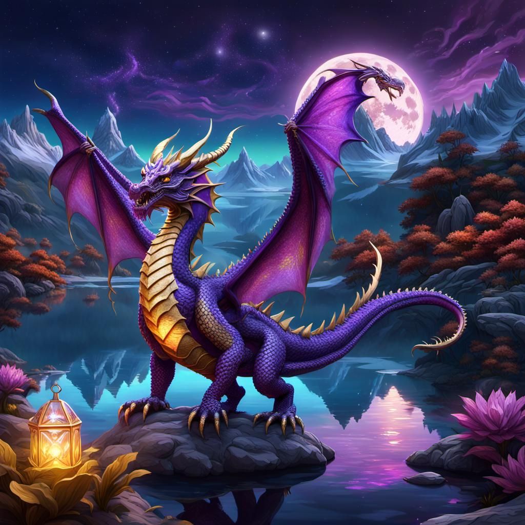 Mystical Purple Dragon with Golden Scales in Fantasy Landsca...