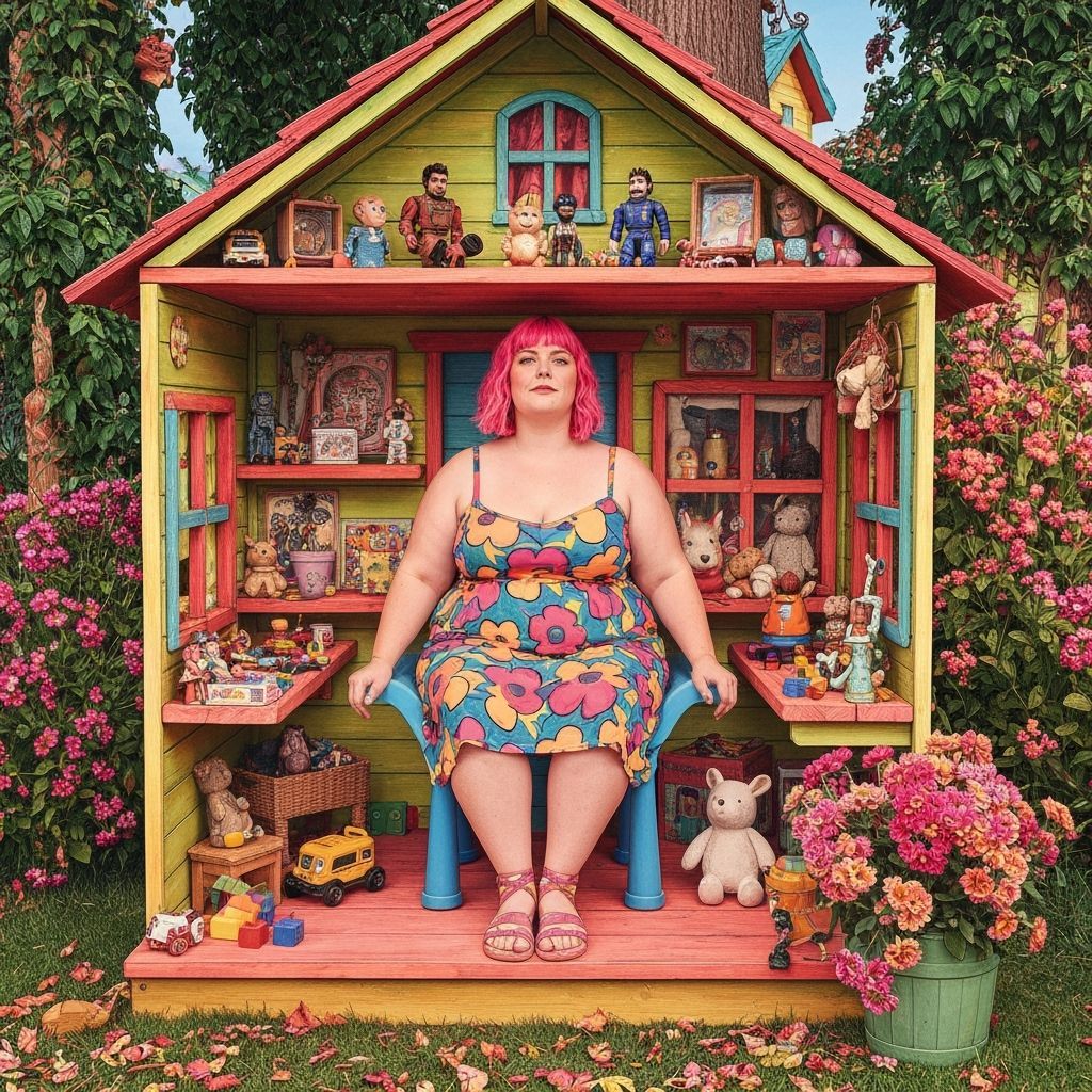 Woman in Playhouse, Whimsical Art Style