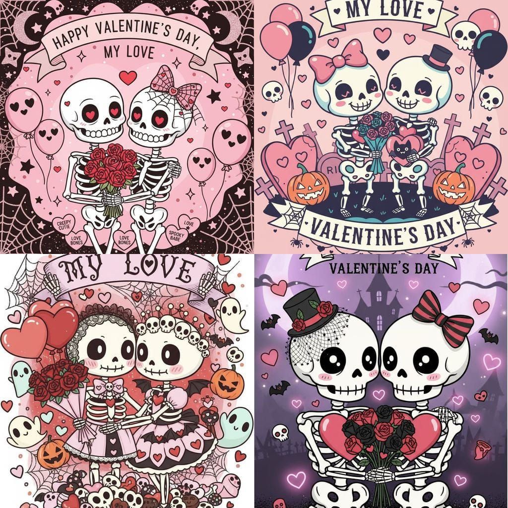 Spooky Kawaii Skeletons in Love for Valentine's Day
