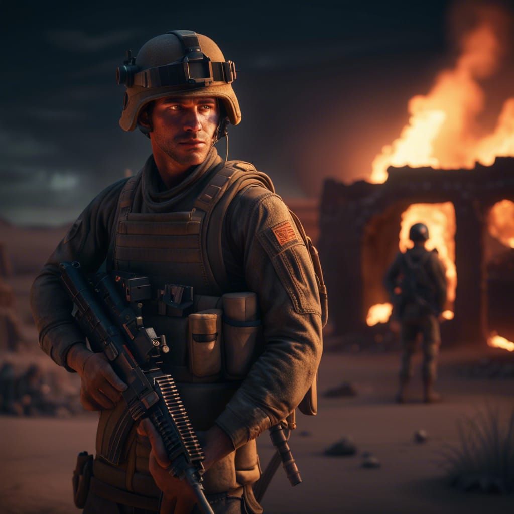 Fiery Desert Village: Infantryman Guarding Entrance