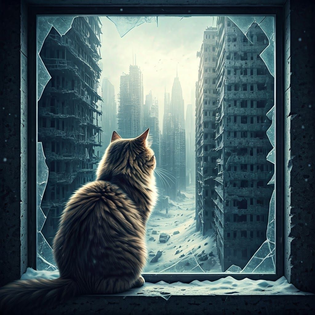 Regal Feline Monarch in Post-Apocalyptic Ruins