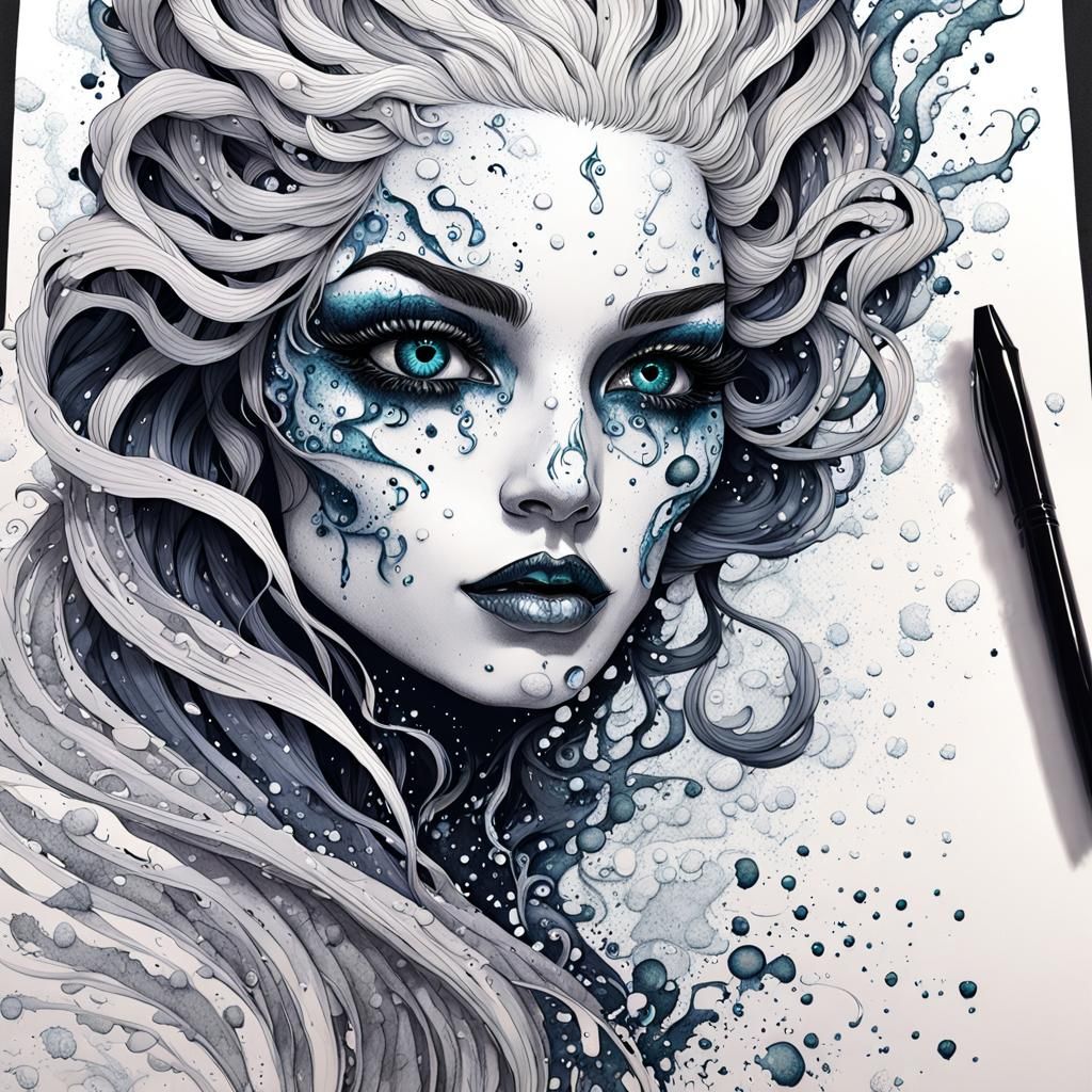 Monochrome Sea Witch in Pen and Ink